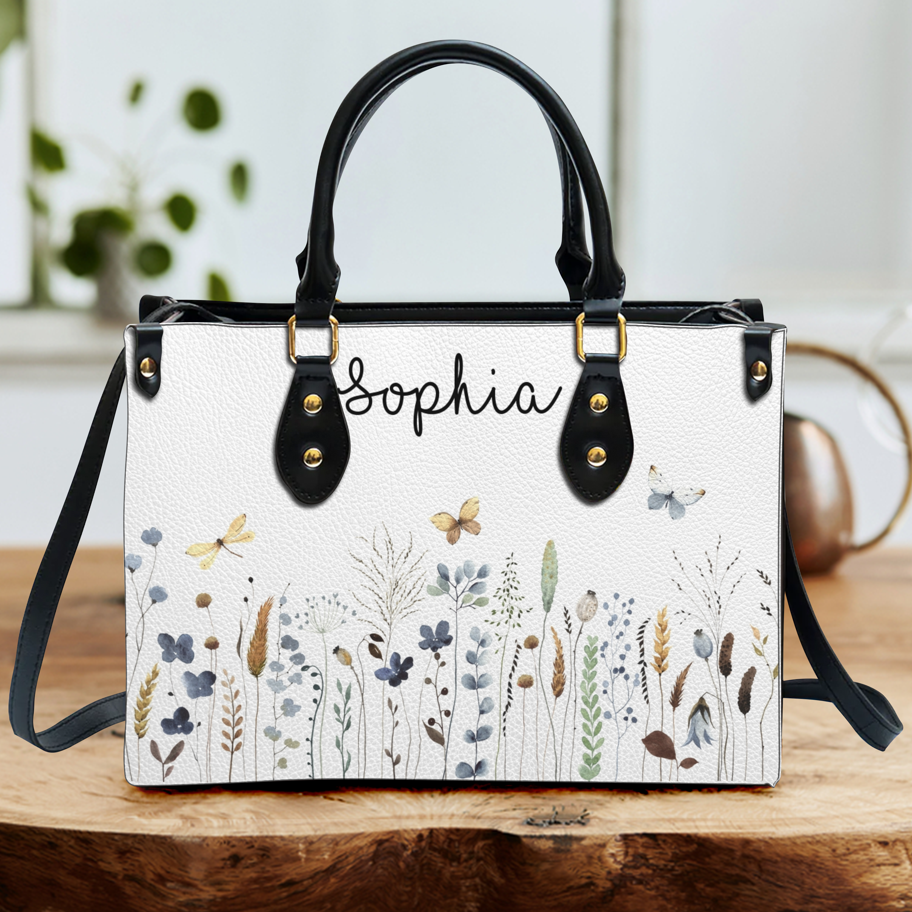 Wildflower Butterfly Custom Leather Handbag - Personalized Custom Leather Bag