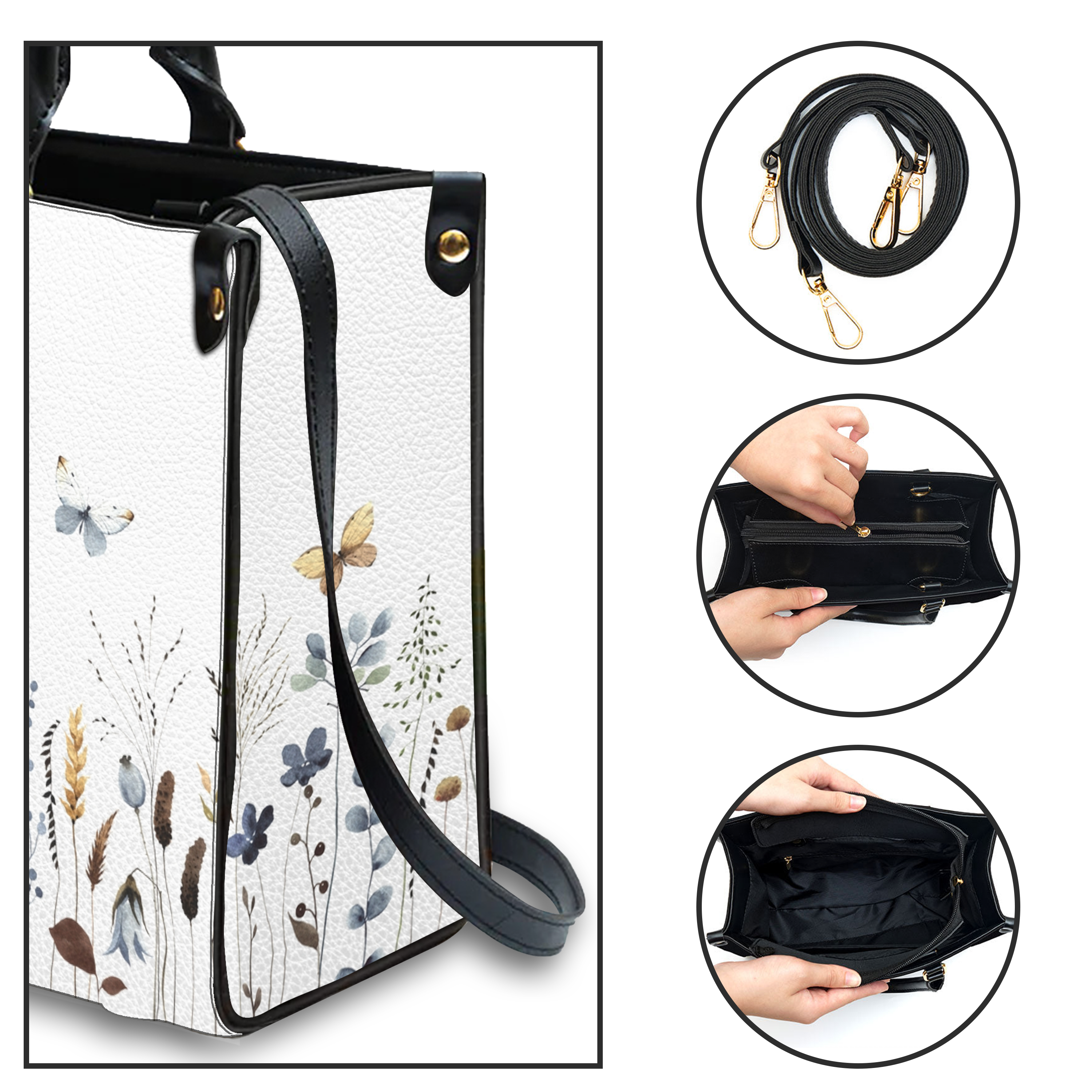 Wildflower Butterfly Custom Leather Handbag - Personalized Custom Leather Bag