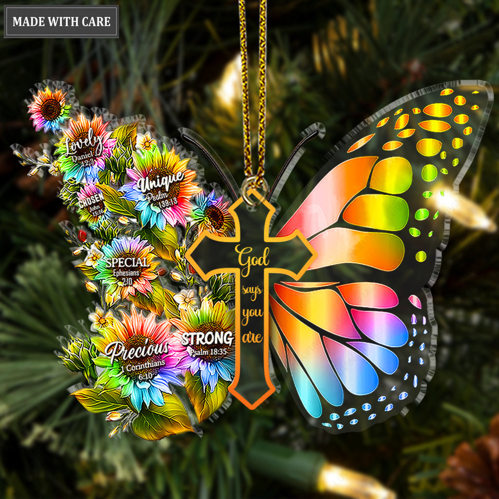 Rainbow Sunflower Butterfly God Says You Are Transparent Ornament