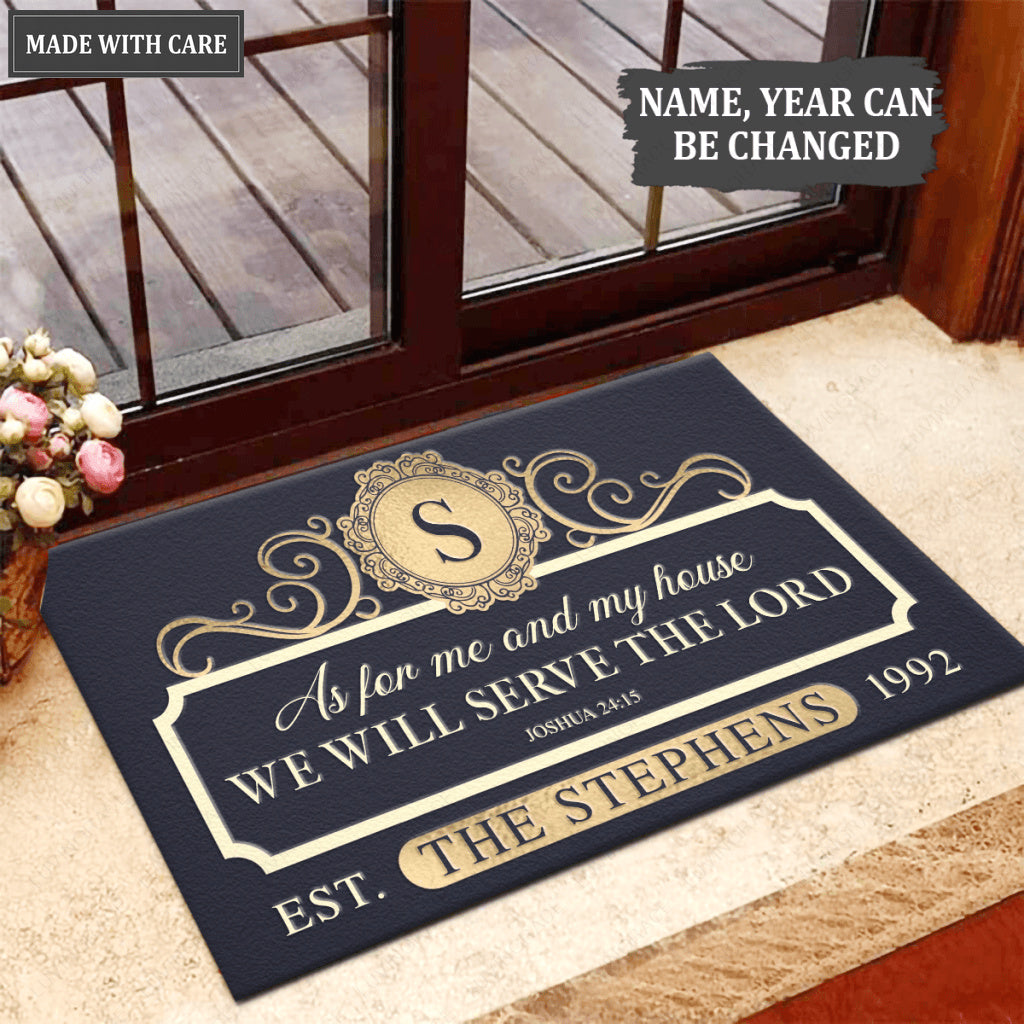 Personalized Gold Navy Family Home Serve The Lord Doormat