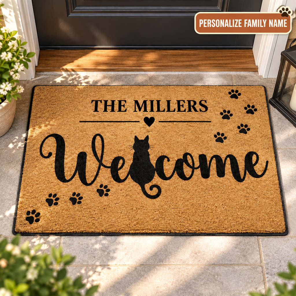 Personalized Family Name Cat Welcome Doormat – Cute Paw Print Home Decor