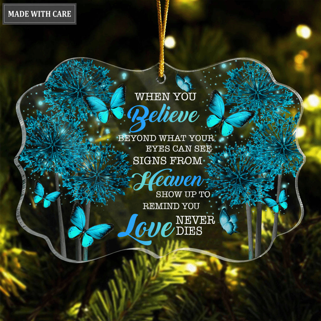 Blue Dandelion Butterfly When You Believe Transparent Ornament