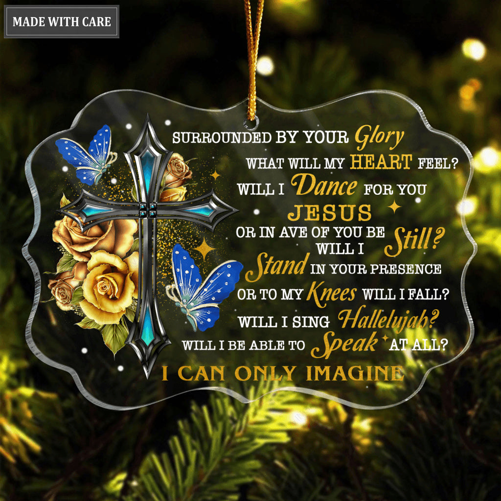 Golden Roses Cross Butterfly Surrounded By Your Glory Transparent Ornament