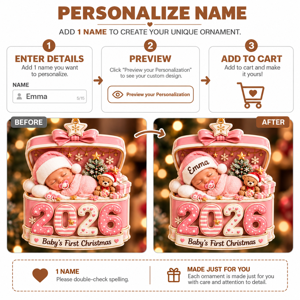 Personalized Baby's First Christmas 2026 3D Ornament – Custom Name Keepsake