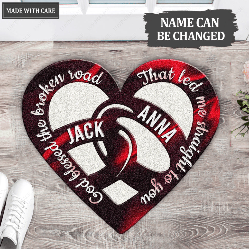 Heart Shape Couple Rings God Blessed Personalized Doormat