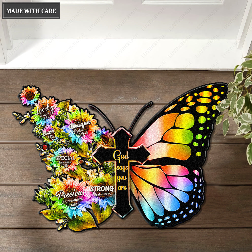 Rainbow Butterfly Cross God Says You Are Shaped Luxurious Doormat