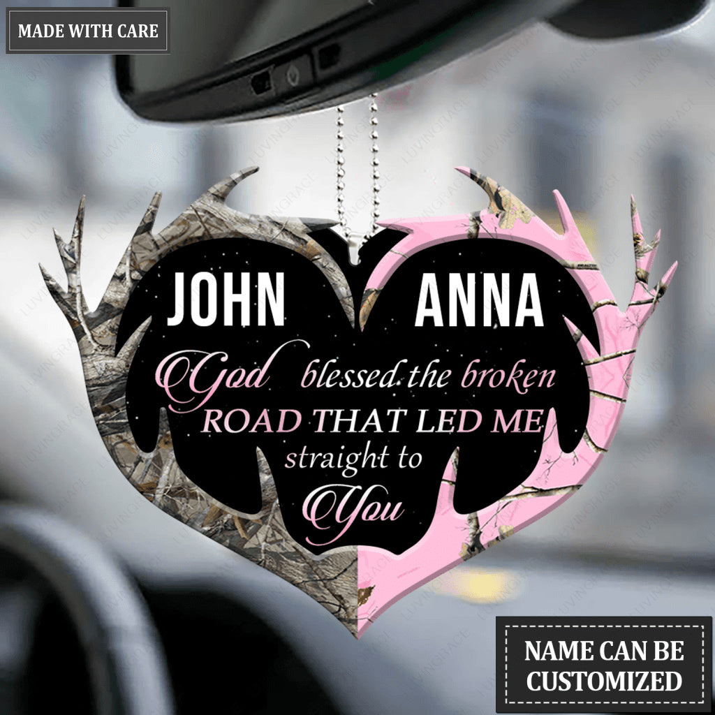 Personalized Buck And Doe Heart Antlers God Blessed Ornament
