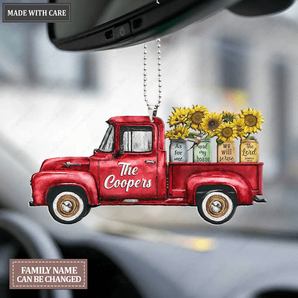 Personalized Red Truck Sunflower Jars Serve The Lord Ornament