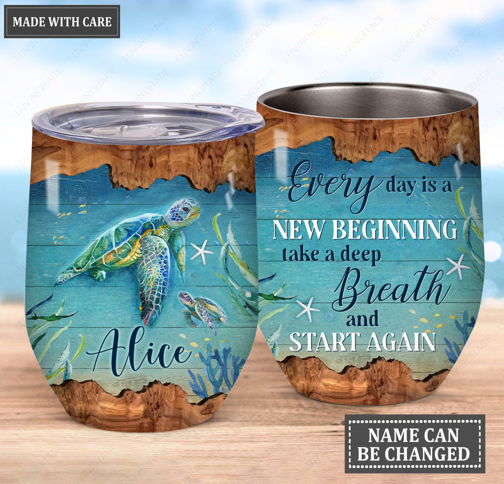 Personalized Turtle Takes A Deep Breath Wine Tumbler