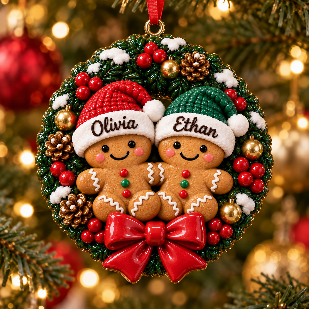 Personalized Gingerbread Family Christmas Wreath 3D Ornament – Custom Names Christmas Gift