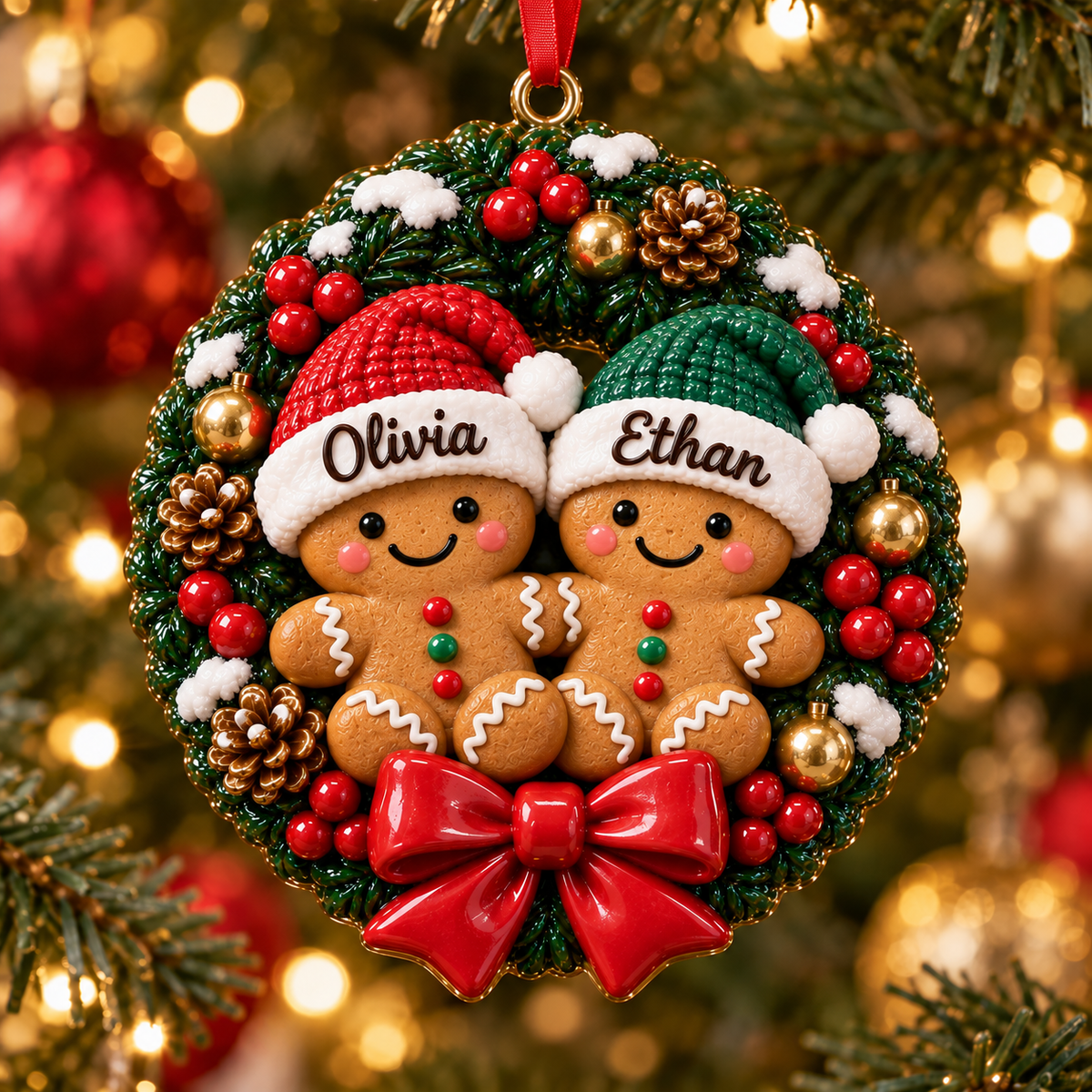 Personalized Gingerbread Family Christmas Wreath 3D Ornament – Custom Names Christmas Gift