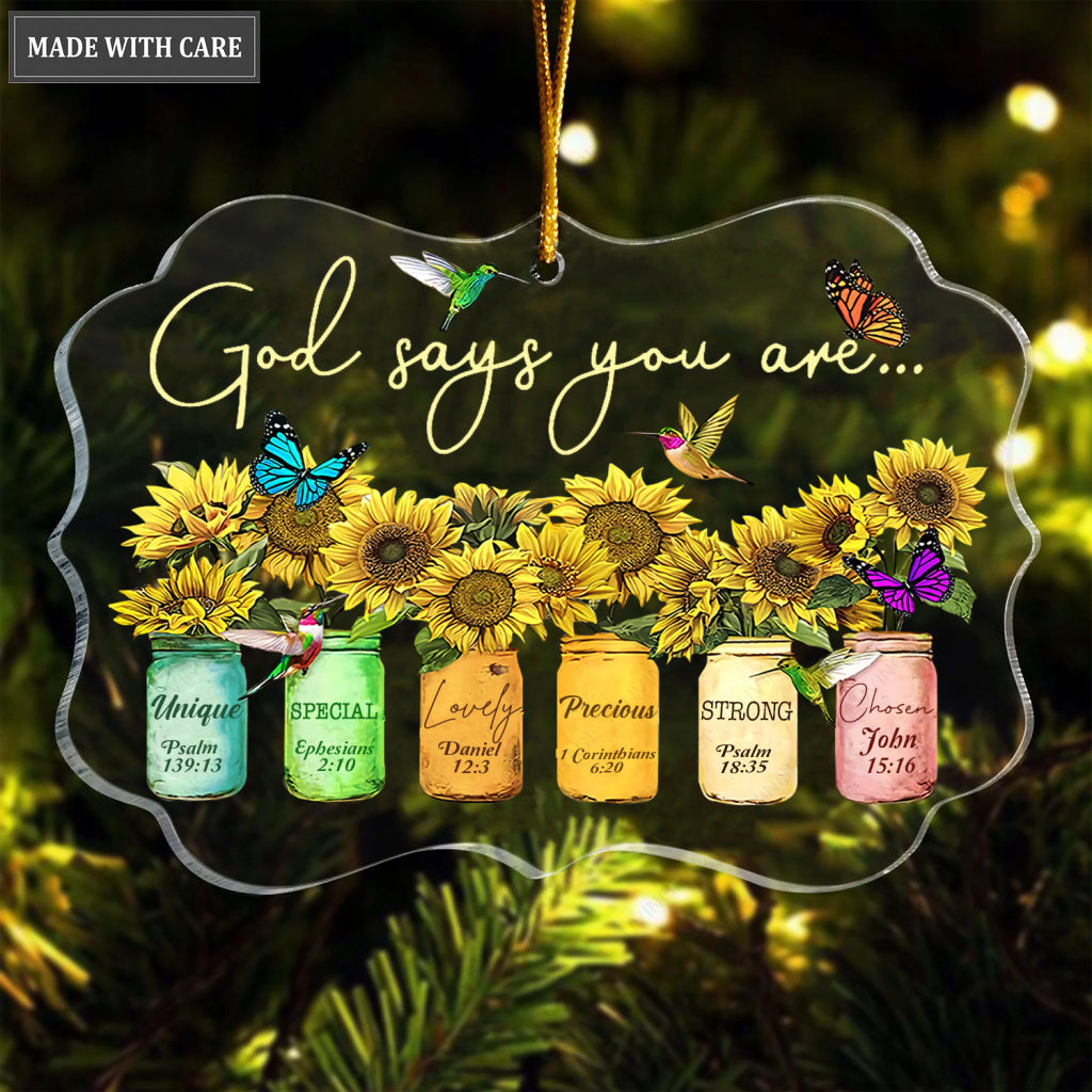 Sunflowers Mason Jar Butterfly And Hummingbirds God Says You Are Transparent Ornament