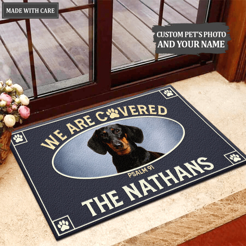 We Are Covered With Jesus And Paw Print Personalized Doormat