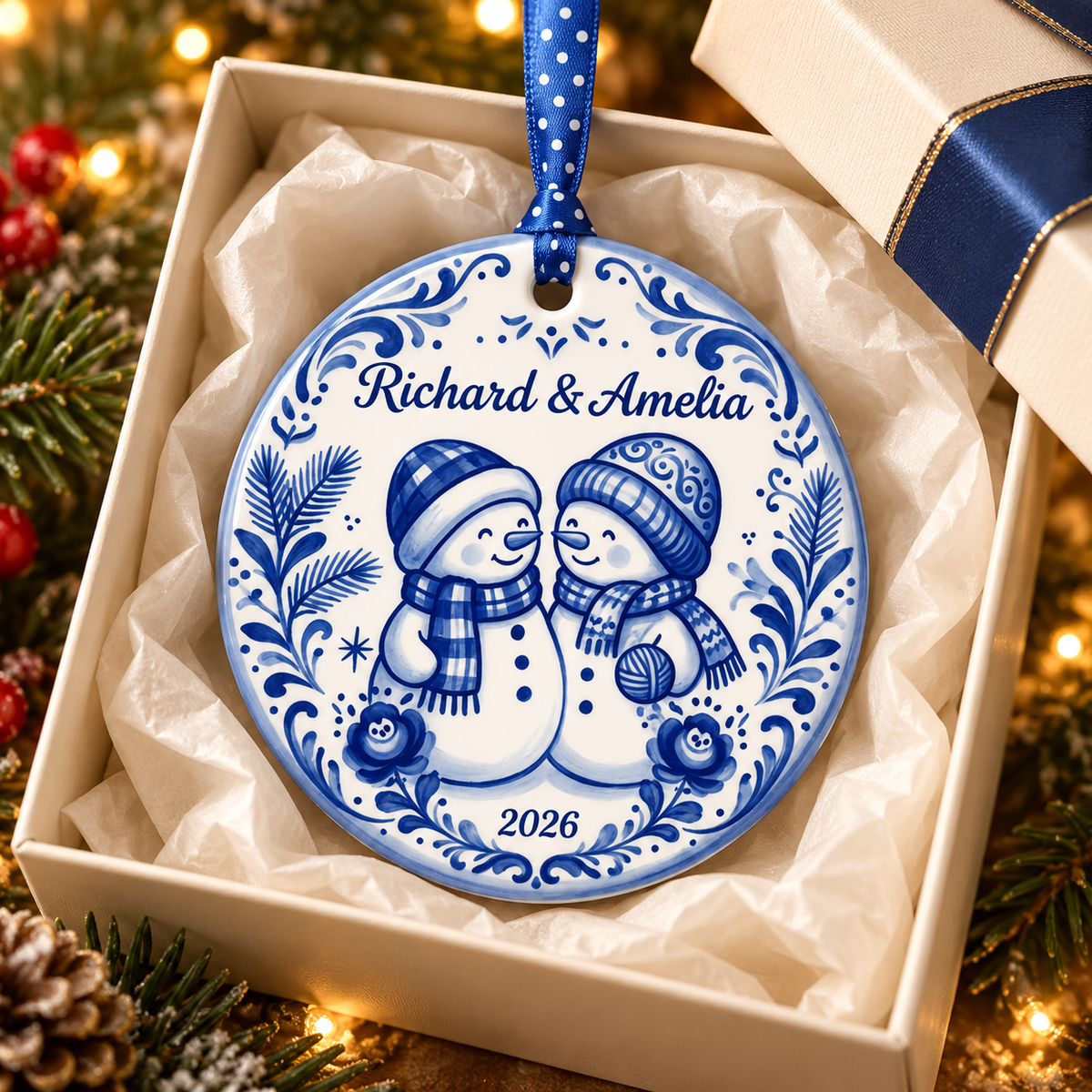 Delft Blue Snowman Couple Vintage Decor - Personalized Ceramic Ornament