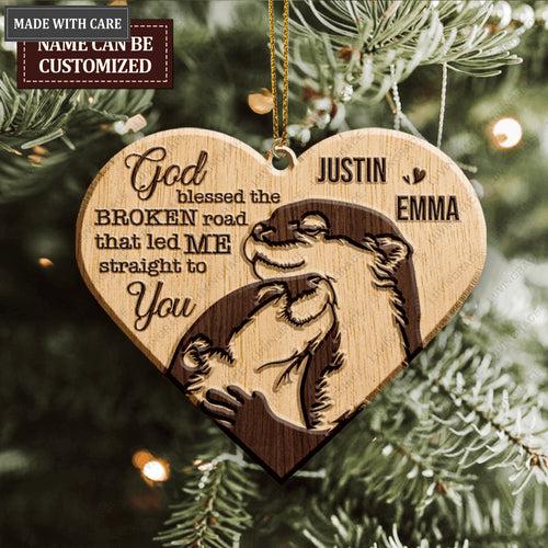 Adorable Cuddling Otter Couple God Blessed Personalized Wood Engraved Ornaments