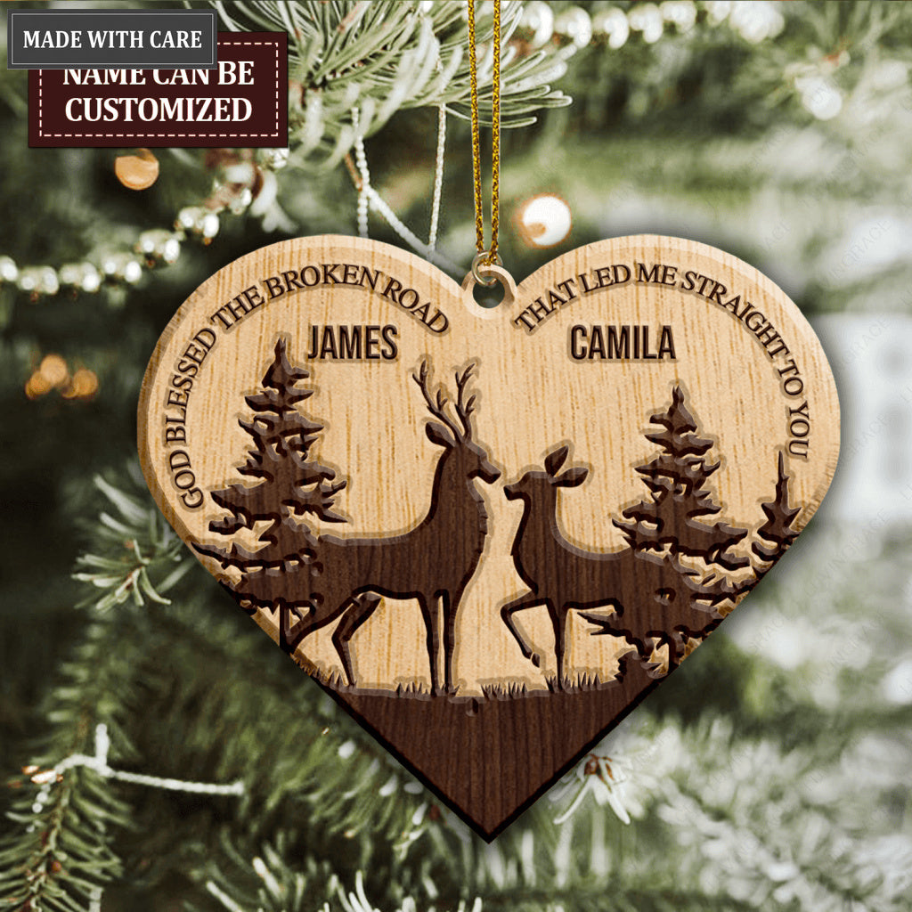 Deer Couple In Forest God Blessed Personalized Wood Engraved Ornaments