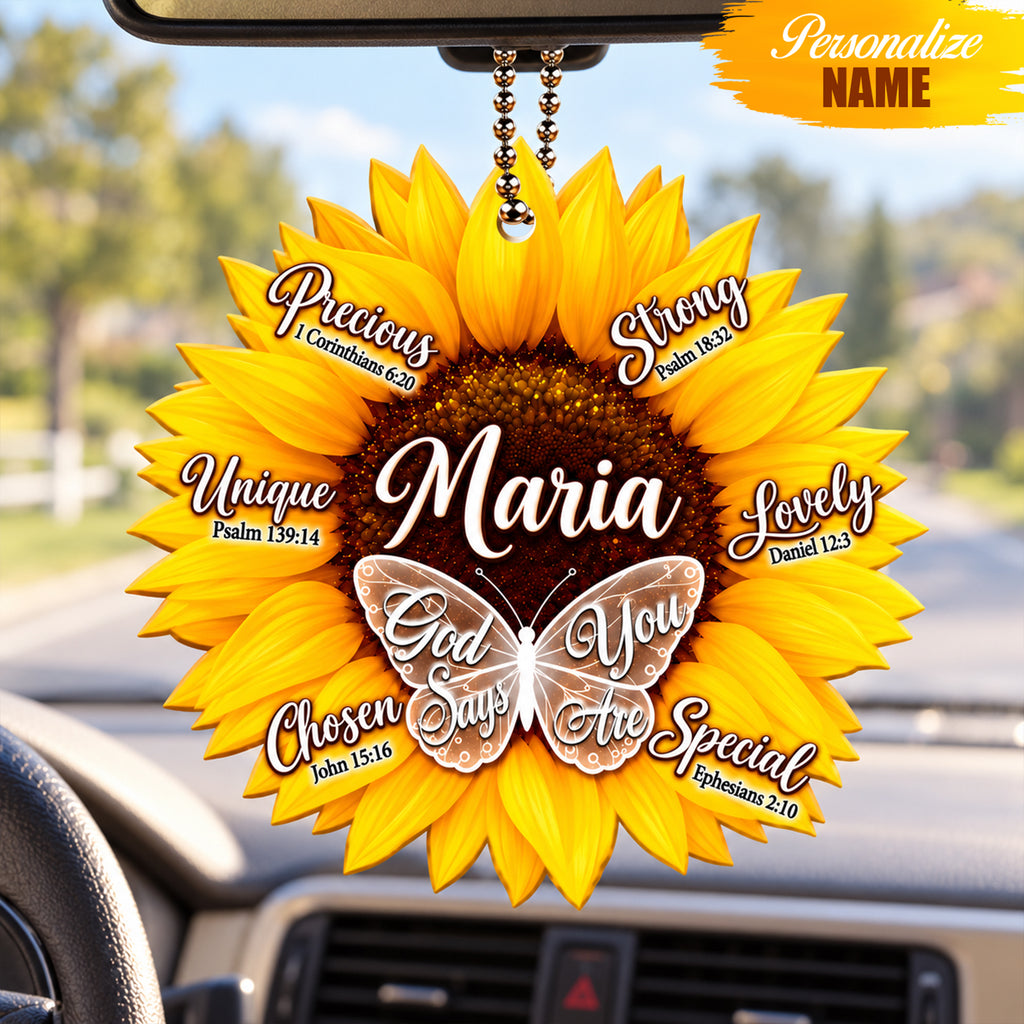 Personalized Name God Says You Are Sunflower Car Ornament - Inspirational Gift for Her