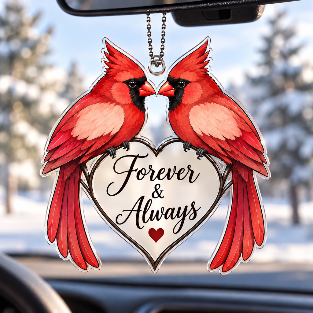 Personalized Cardinal Couple Ornament  - Custom Names Forever & Always Heart Car Ornament Gift for Couples, Anniversary Gifts for Husband & Wife