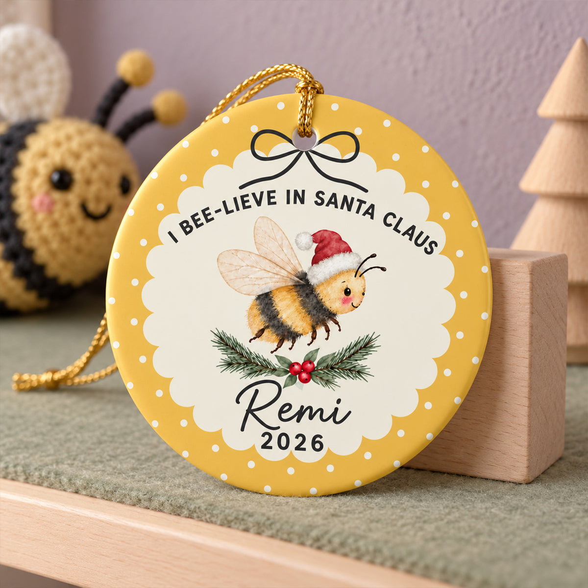 Personalized Name I Bee-lieve in Santa Claus Christmas Ornament