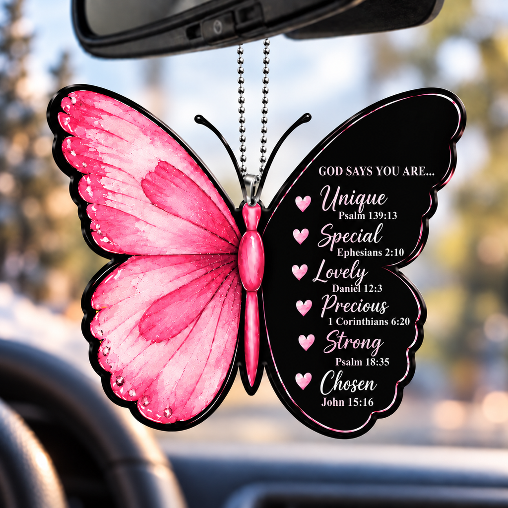 Personalized Name Black Pink Butterfly Ornament  - God Says You Are Car Ornament Gift for Her, Christian Gift for Jesus Lovers