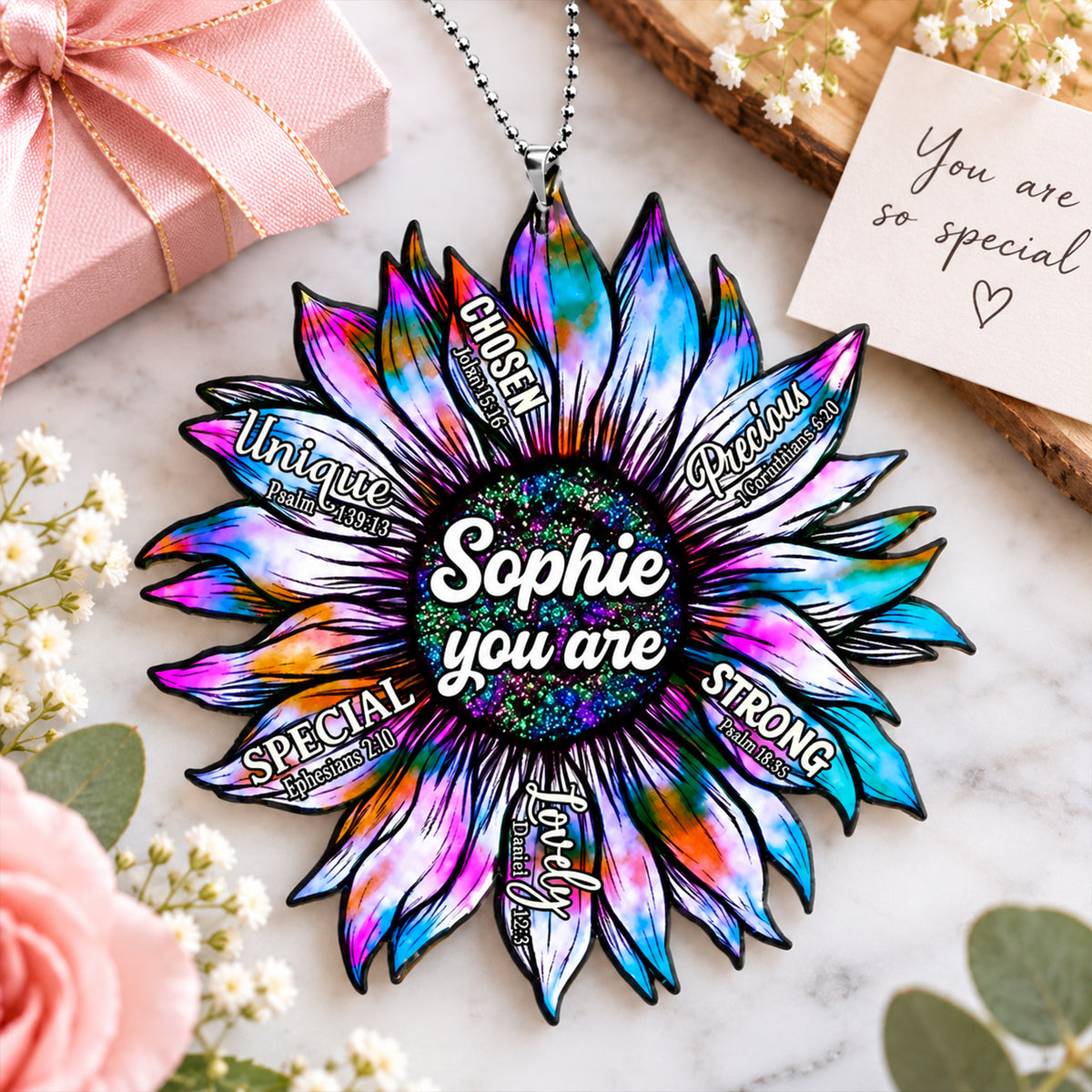 Personalized Name You Are Beautiful Sunflower Car Ornament - Inspirational Gift for Her