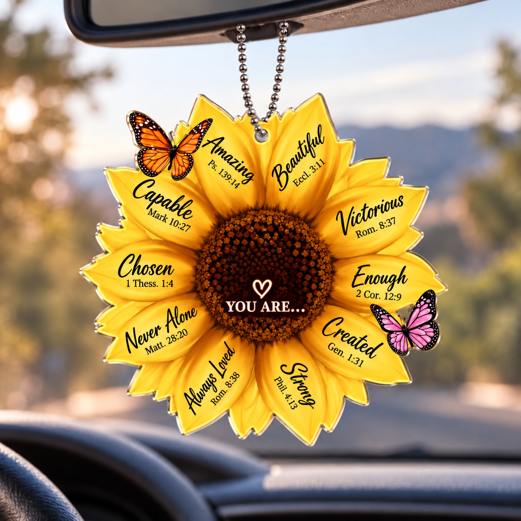 Personalized Sunflower Christian Ornament - Custom Name You Are Strong Sunflower Car Ornament -Inspirational Gift for Her