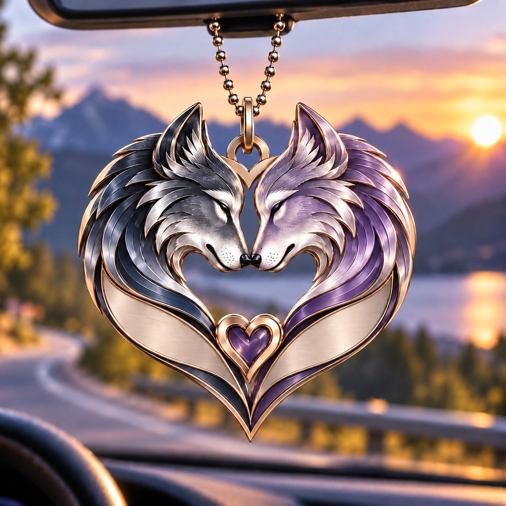 Couple Wolf Heart Personalized Ornament - Custom Names Romantic Love with Wolf Couple Heart Car Ornament - Gift for Couples, Anniversary Gifts for Husband & Wife, for Wolf Lovers