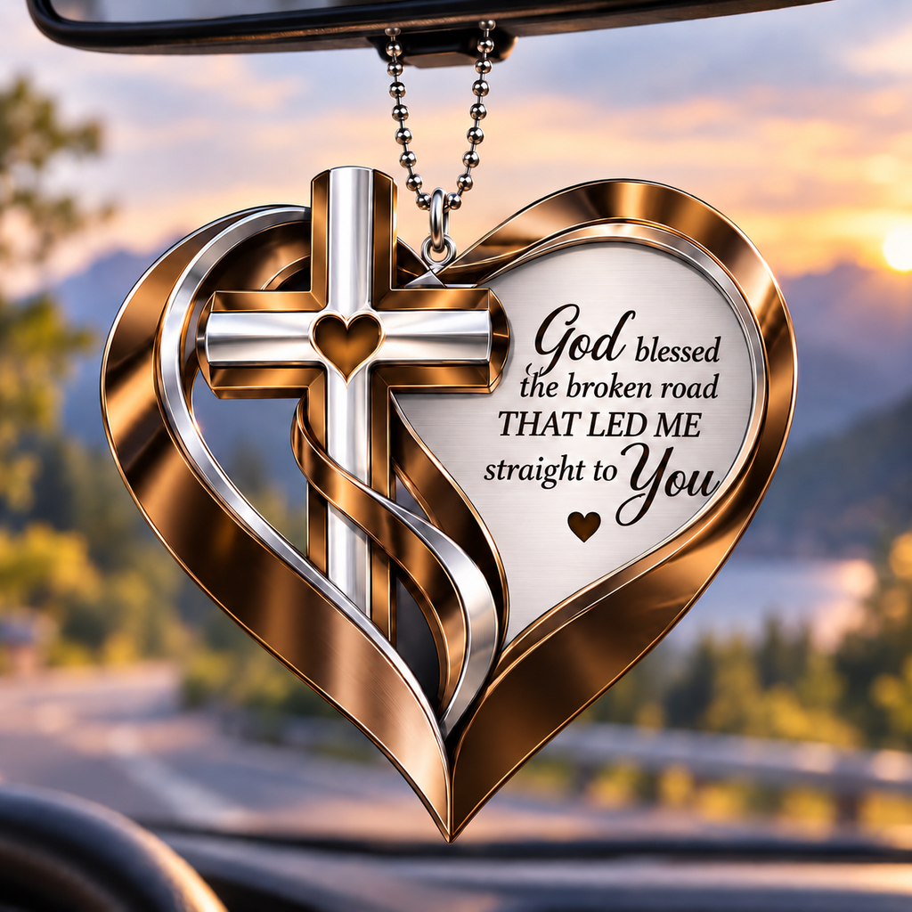 Personalized Memorial Cross Heart Ornament – God Blessed the Broken Road Car Ornament - Ideal Gift for Couples, Gift for Jesus Lovers