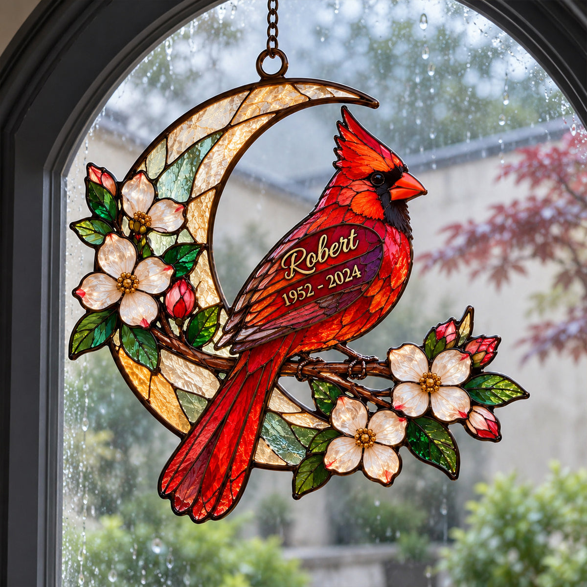 Personalized Cardinal Memorial Window Hanging – Custom Name & Dates