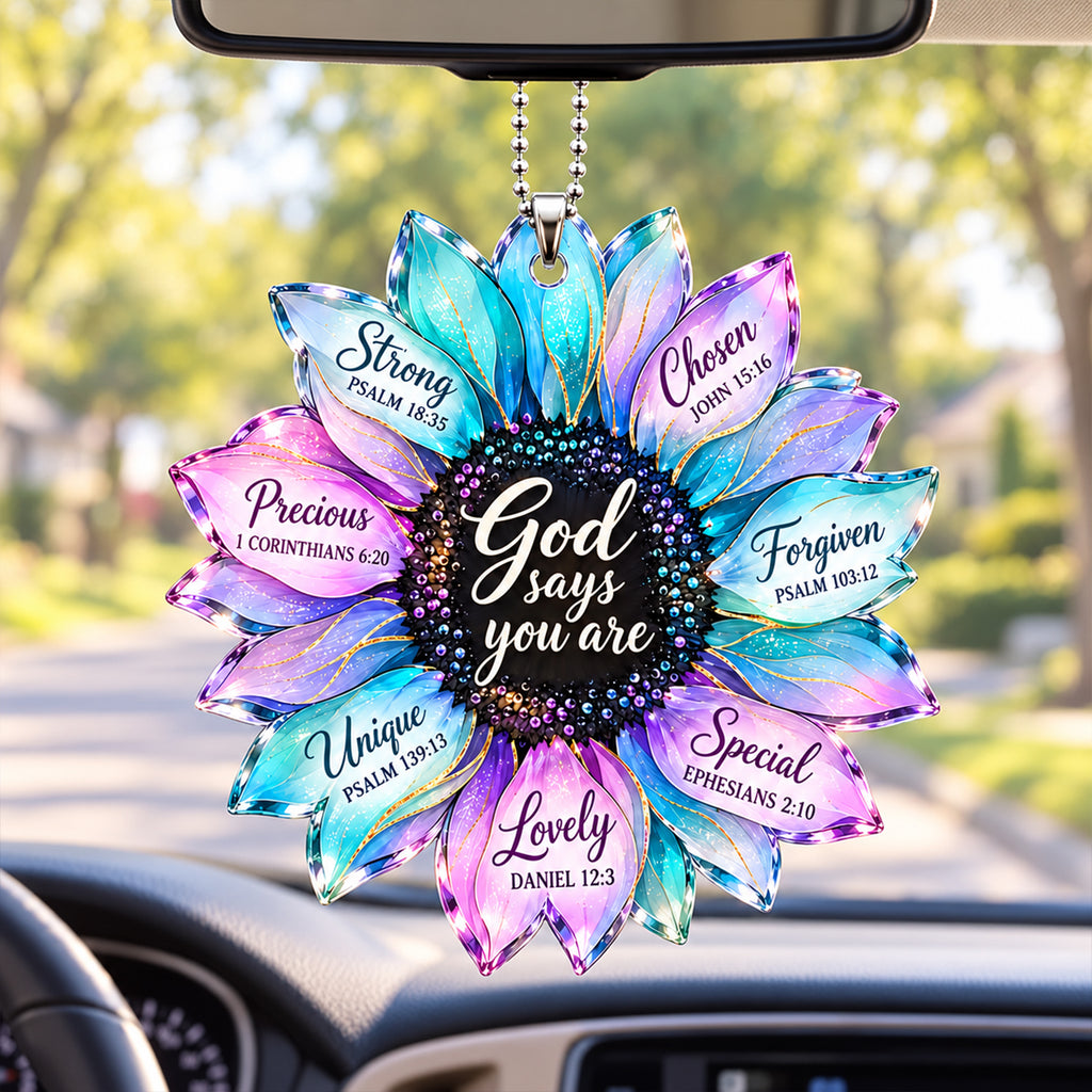 God Says You Are Loved Hologram Sunflower Car Ornament - Inspirational Christian Gift