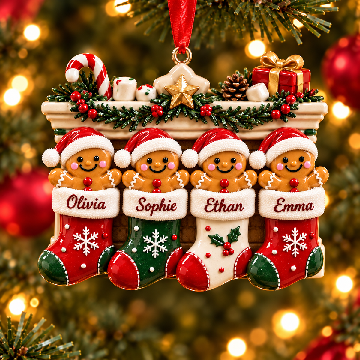 Personalized Gingerbread Christmas Stocking Ornament – Custom Names, Christmas Gift