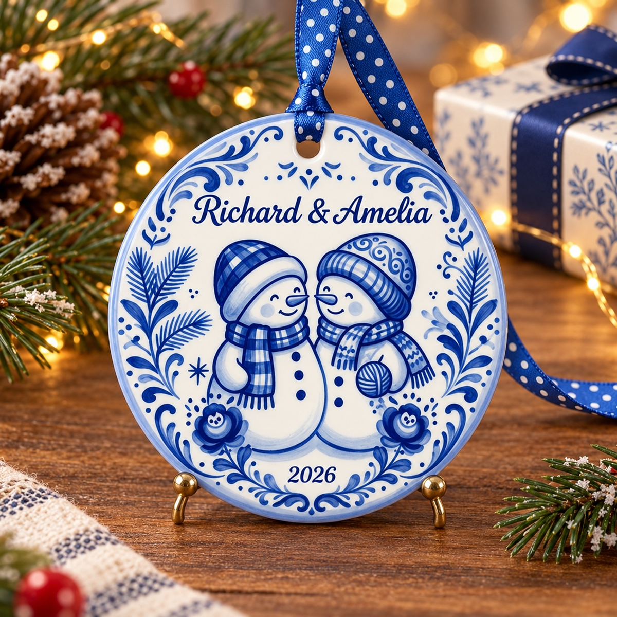 Delft Blue Snowman Couple Vintage Decor - Personalized Ceramic Ornament