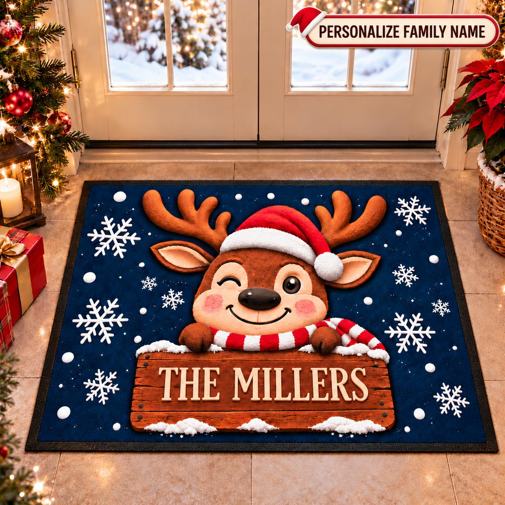 Personalized Family Name Christmas Reindeer Doormat – Cute Holiday Welcome Mat