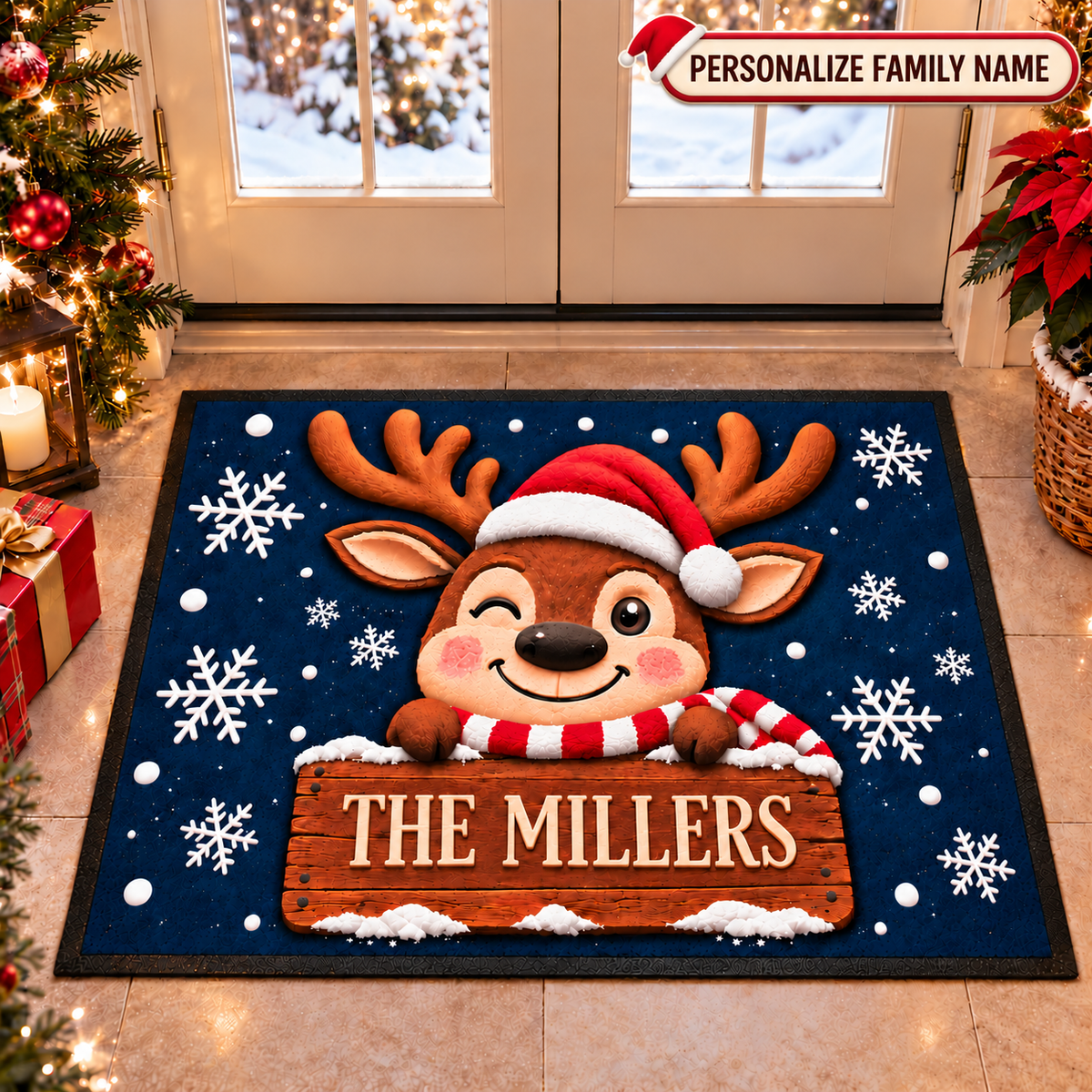 Personalized Family Name Christmas Reindeer Doormat – Cute Holiday Welcome Mat