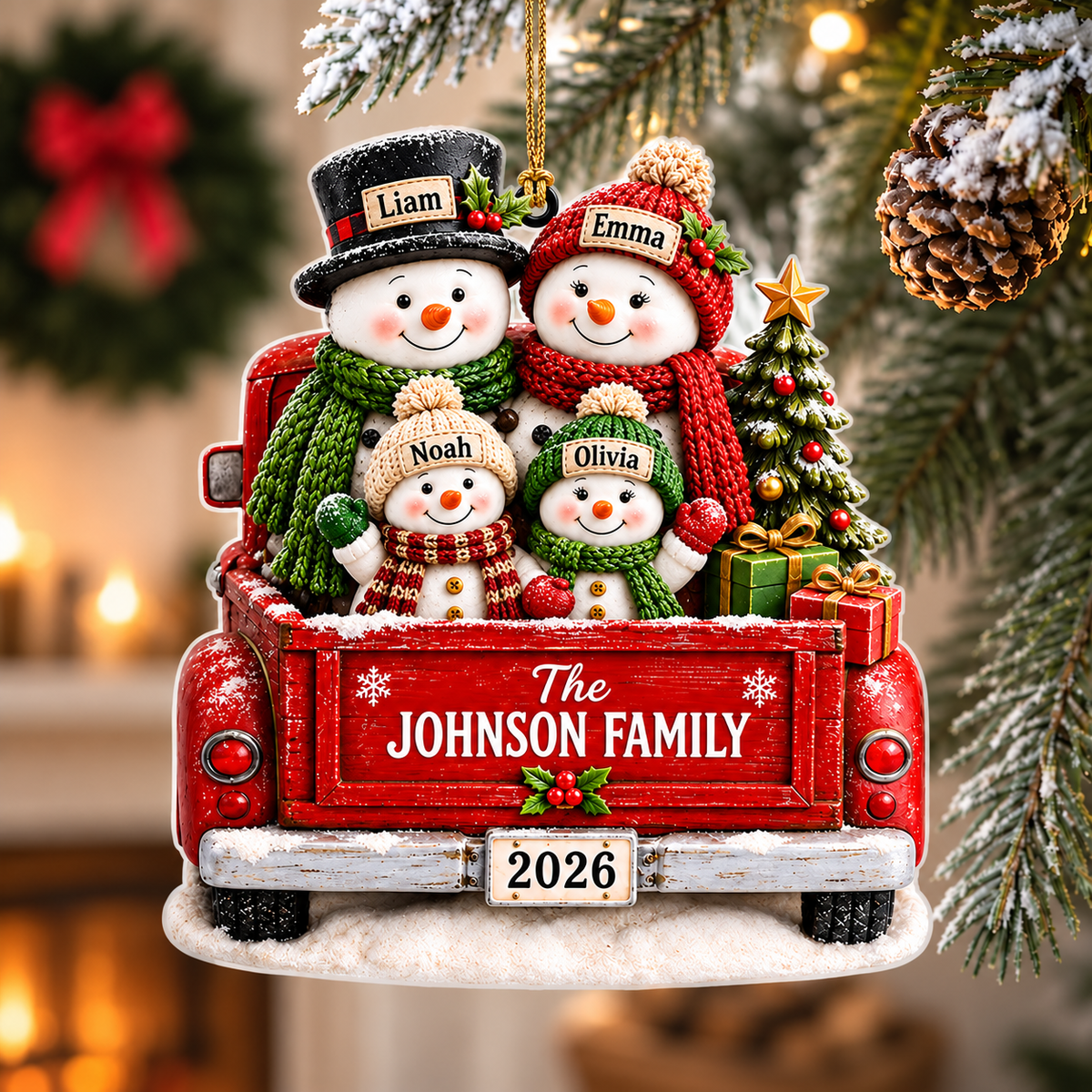 Personalized Snowman Family Christmas Truck 3D Ornament – Custom Names & Family Name Christmas Gift