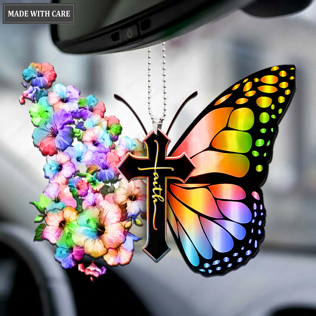 Hibiscus Rainbow Flower Butterfly Cross Faith Ornament