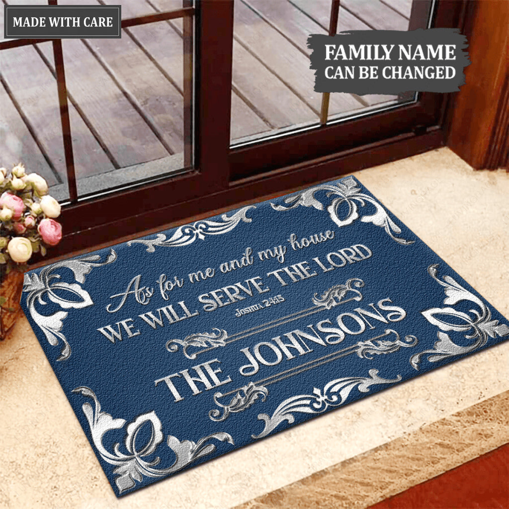 Navy Silver Serve The Lord Personalized Doormat