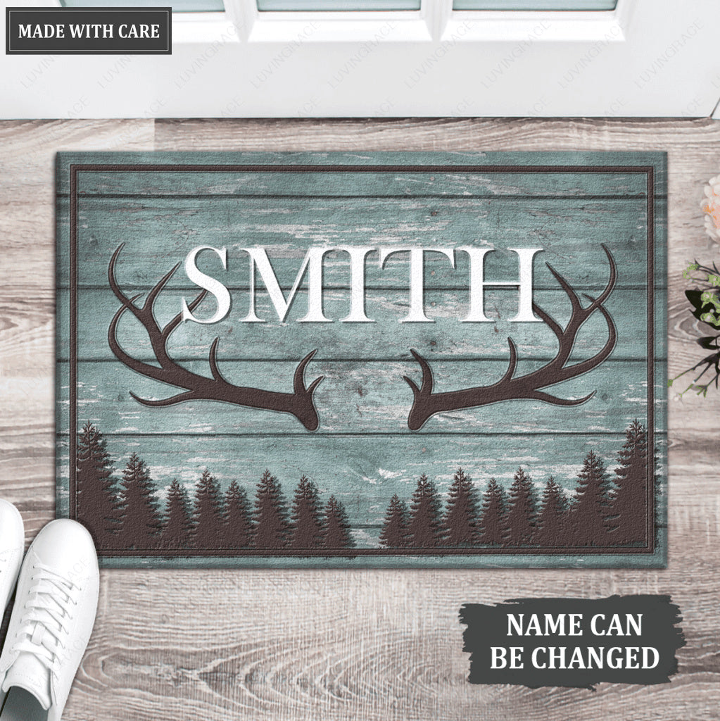Personalized Rustic Country Family Name Deer Antlers Doormat