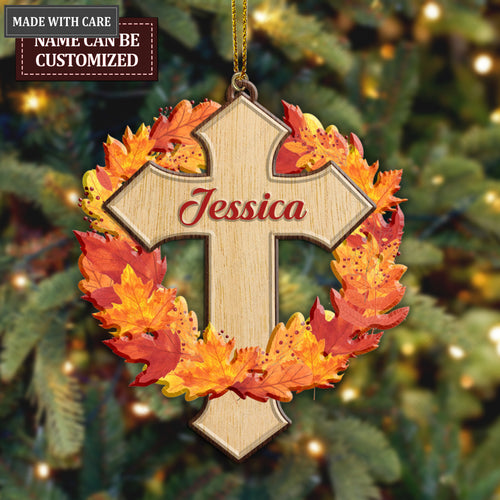 Autumn Maple Faith Cross Jesus Christian Lover Personalized Wood Engraved Ornaments