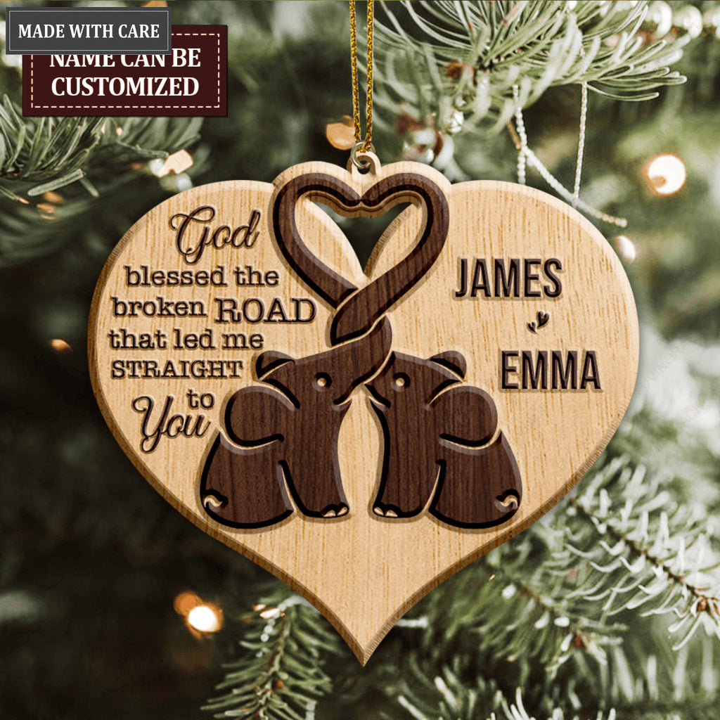 Heart Elephant Couple God Blessed Personalized Wood Engraved Ornaments