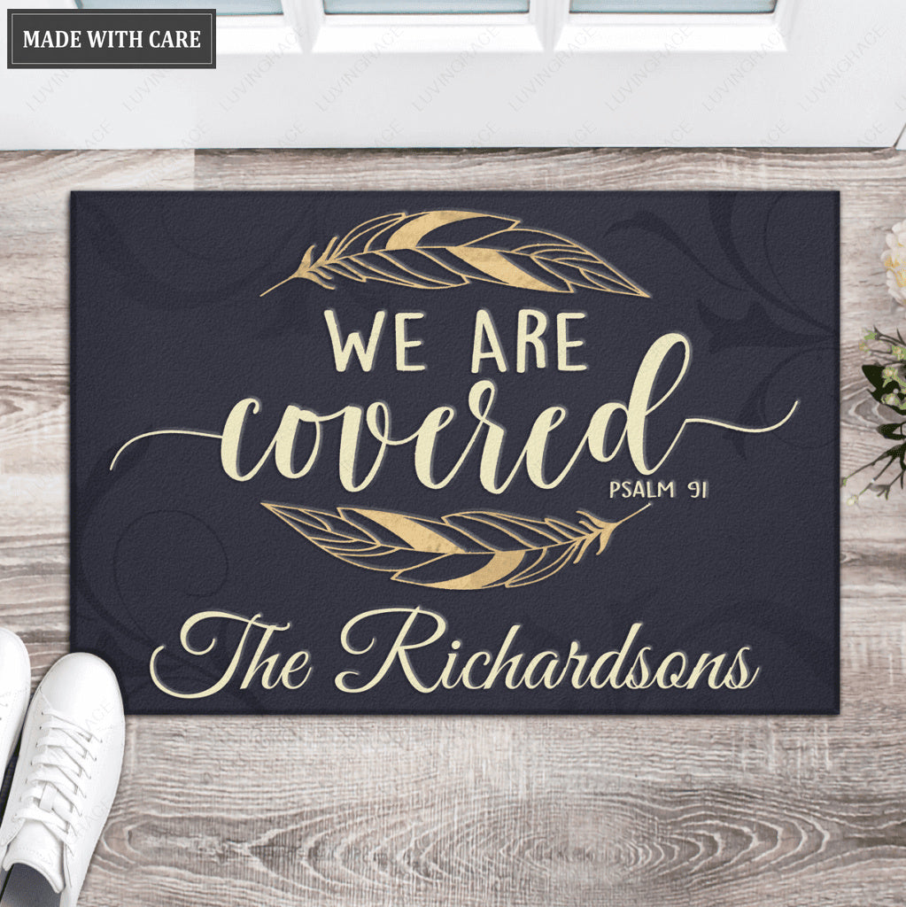 Feathers We Are Covered Psalm 91 Personalized Doormat