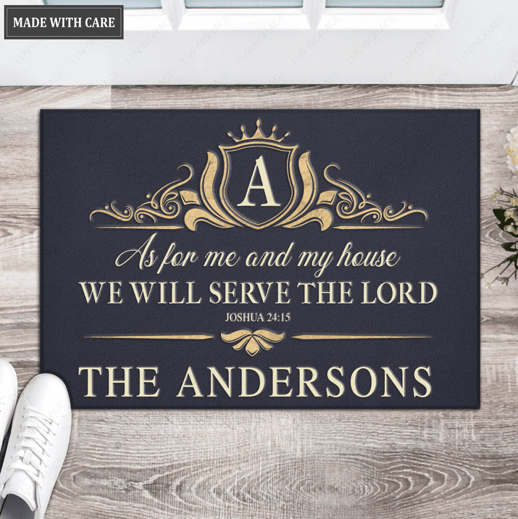 Shield Monogram Serve The Lord Personalized Doormat