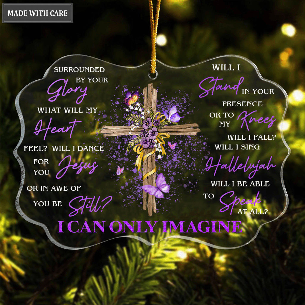 Purple Flower Cross And Butterfly Surrounded By Your Glory Transparent Ornament