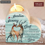 Blue Wood Deer Couple God Blessed Personalized Candle Holder