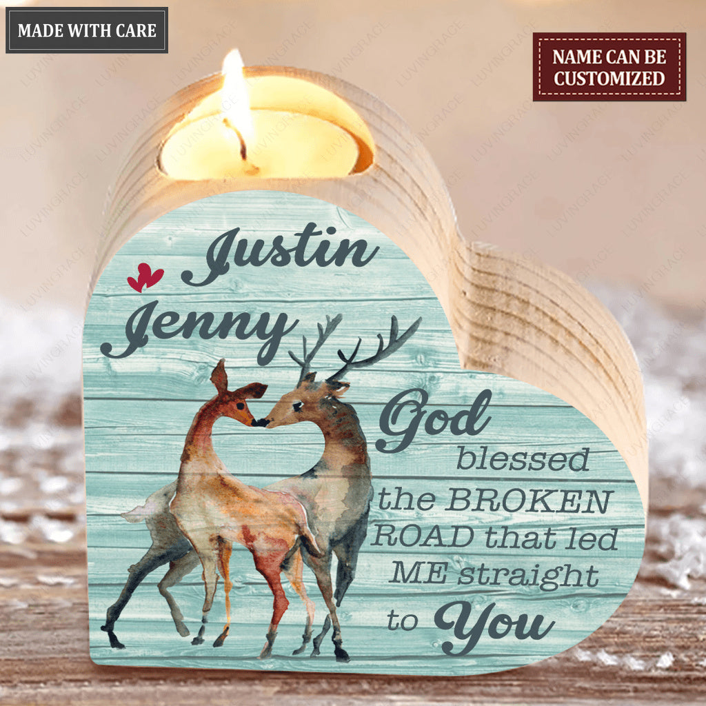 Blue Wood Deer Couple God Blessed Personalized Candle Holder