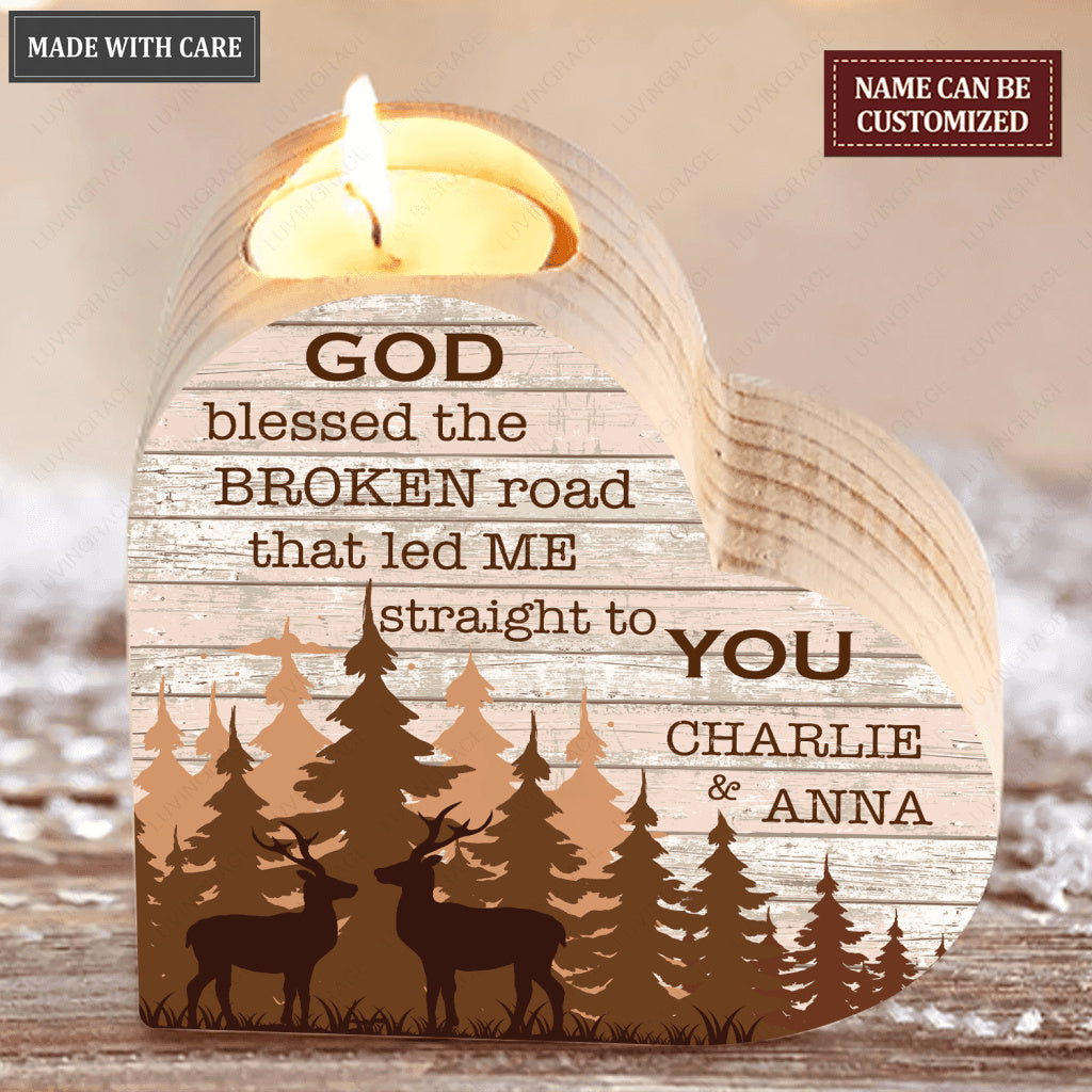 Old Wood Deer Couple In Forest God Blessed Personalized Candle Holder