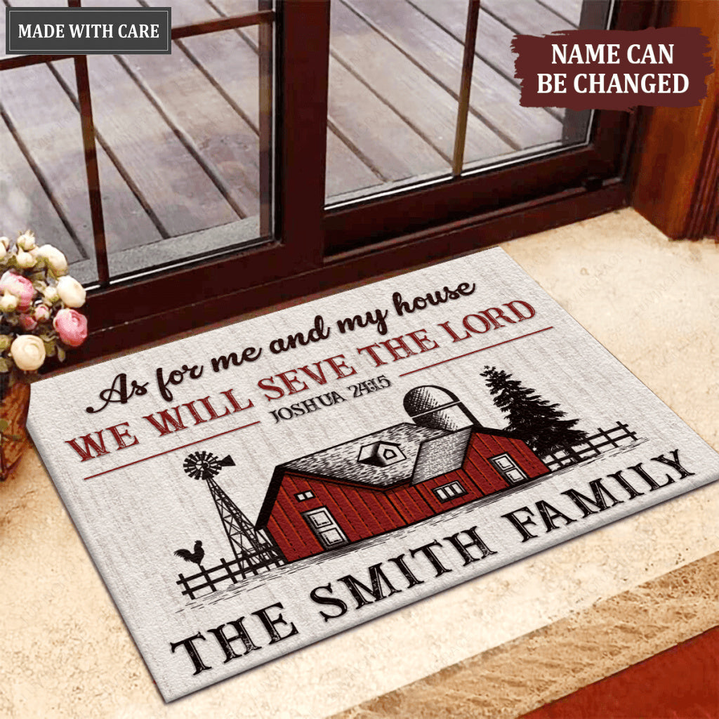 Vintage Red Farmhouse As For Me And My House Personalized Doormat