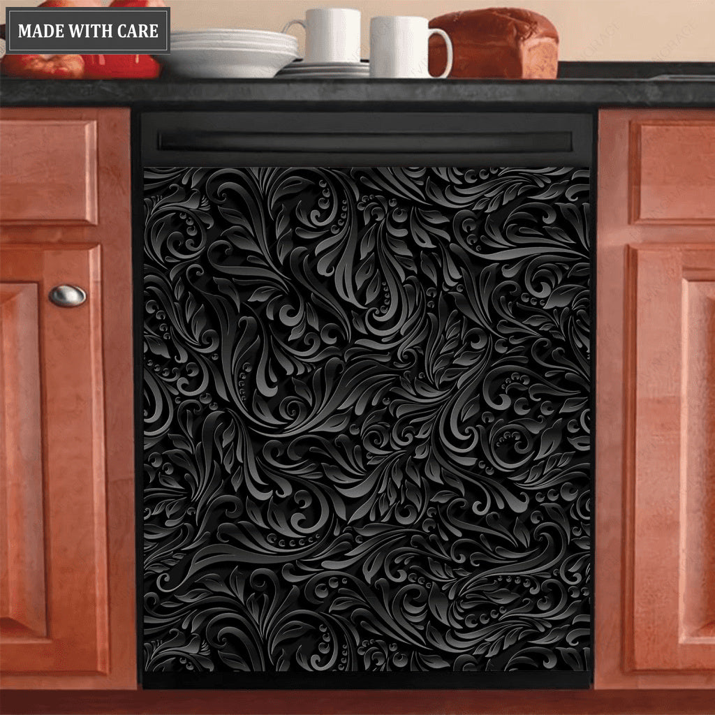 Kitchen Decor Dishwasher Magnet Cover Beautiful Dark Vintage Floral Engraved Design
