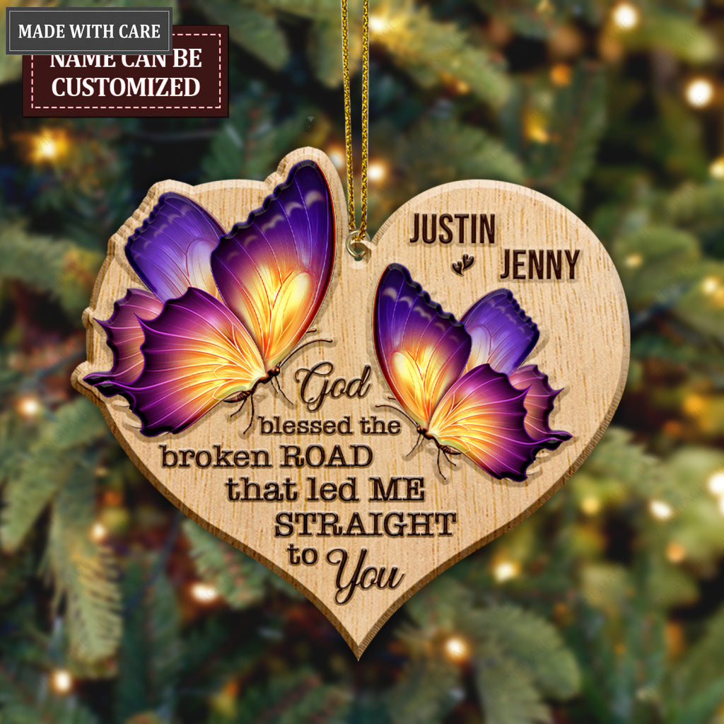 Heart Butterfly Couple God Blessed Personalized Wood Engraved Ornaments