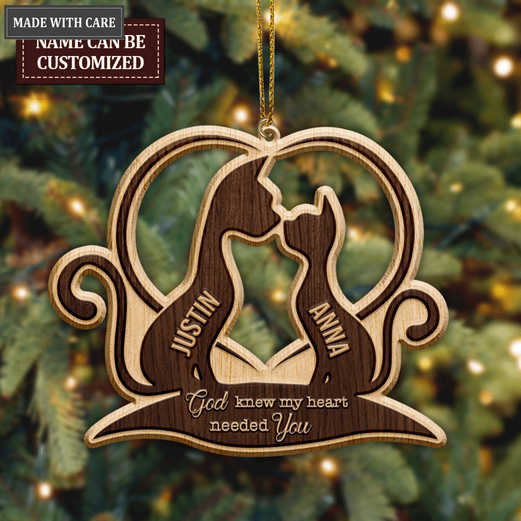 Heart Cat Couple God Knew My Heart Needed You Personalized Wood Engraved Ornaments